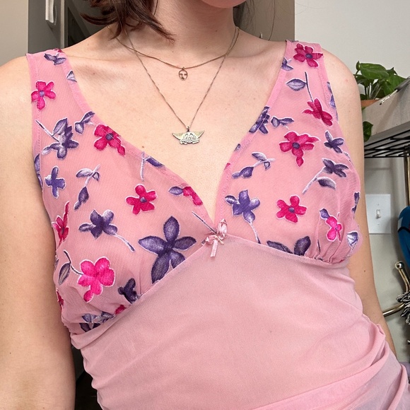 🖤 Y2k Pink Sheer Floral Tank Top 💗 Size M - Picture 3 of 4